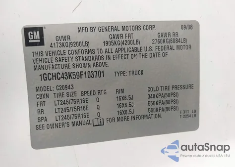 2009 Chevrolet Silverado 2500Hd Work Truck z USA, uszkodzony, nr VIN 1GCHC43K59F103701